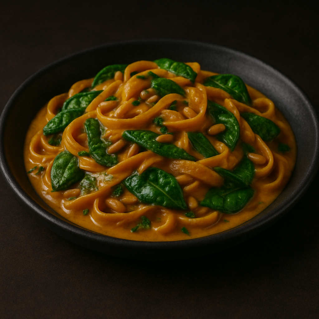 Cremige Kürbispasta mit Babyspinat